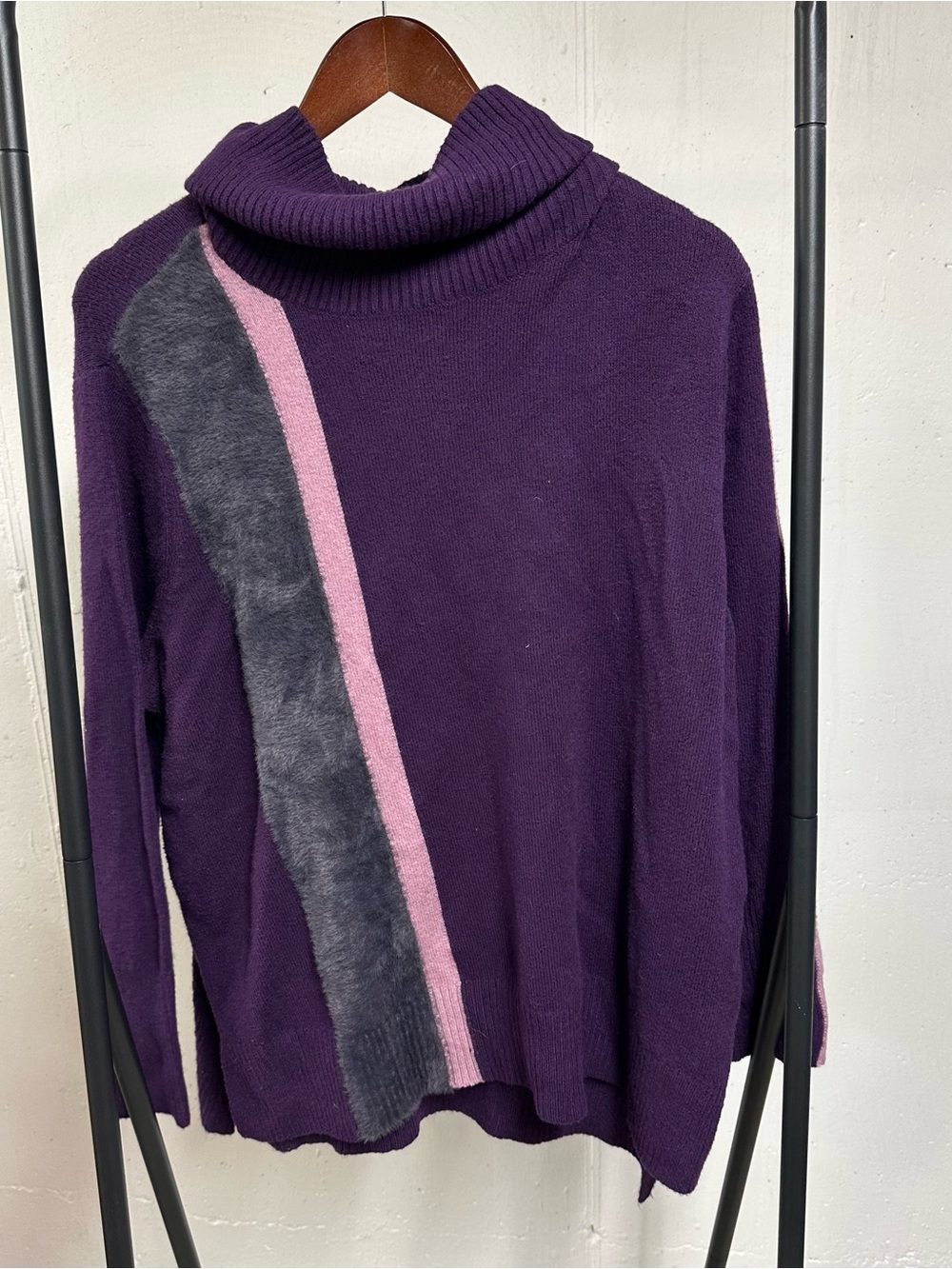 Simply Vera Vera Wang Purple Cowlneck Sweater with Pink and Gray Stripe